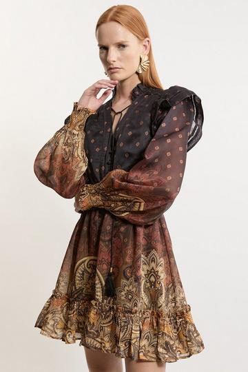 Yellow Frill Detail Sleeve Paisley Print Cotton Woven Mini Dress